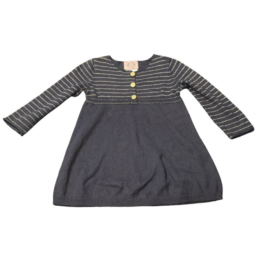 Juicy Couture Sweater Dress Navy Gold Lurex Striped Knit Henley 12-18M Baby Girl